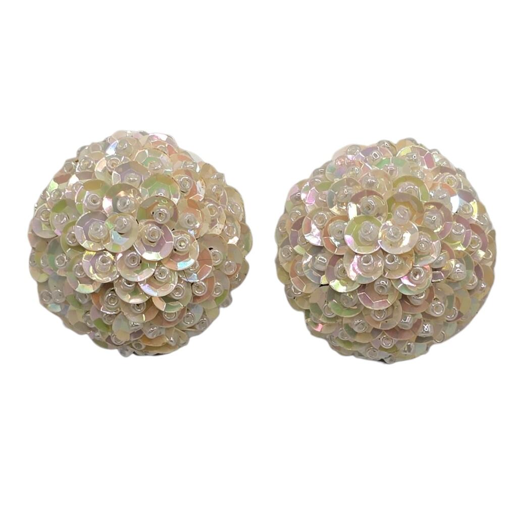 Vintage Earrings Dome Iridescent White Sequin Mid Century Cocktail Clip On S3482